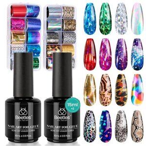 Beetles Nail Foil Art Kit, 20 Pcs Nail Foils Transfer with 30ml Nail Foil Glue